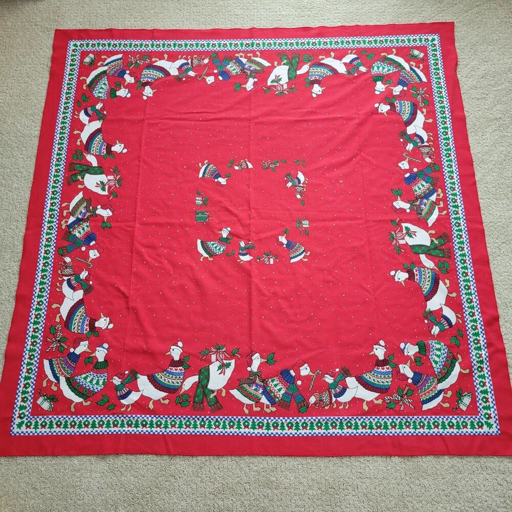 Vintage Christmas Geese Square Goose Tablecloth 53" Holiday Cottagecore Country